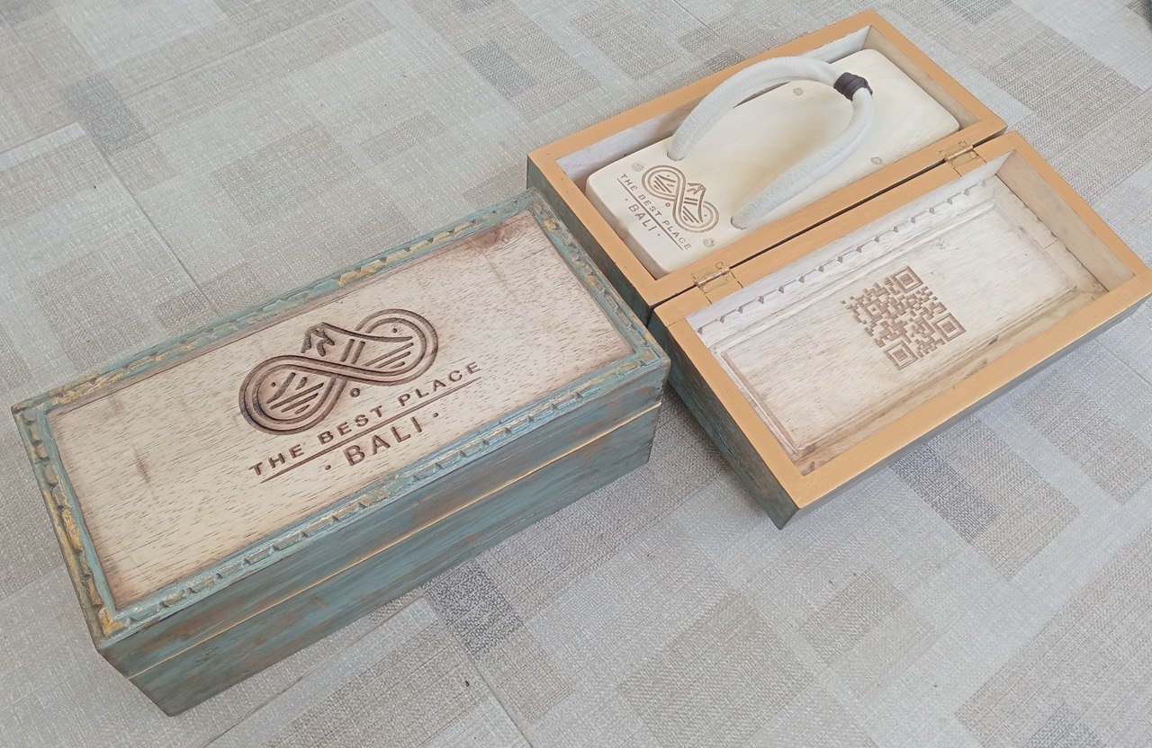 The Best Place Bali geta presented inside a hand-carved wooden ritual box